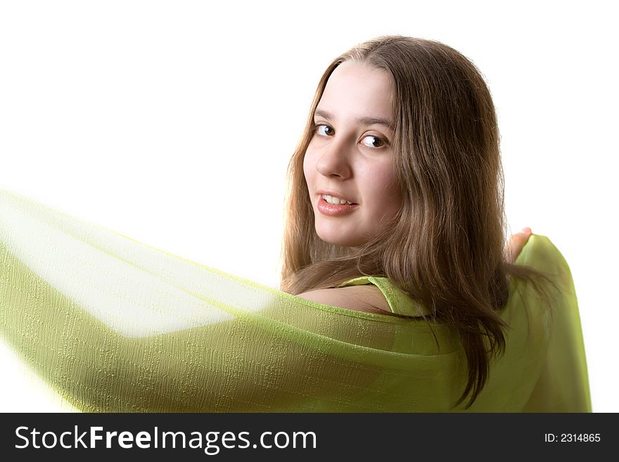 Young girl with green shawl, isolate on white
