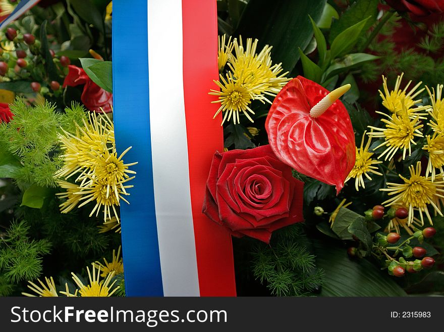 Ribbon from French flag and bouquet. Ribbon from French flag and bouquet