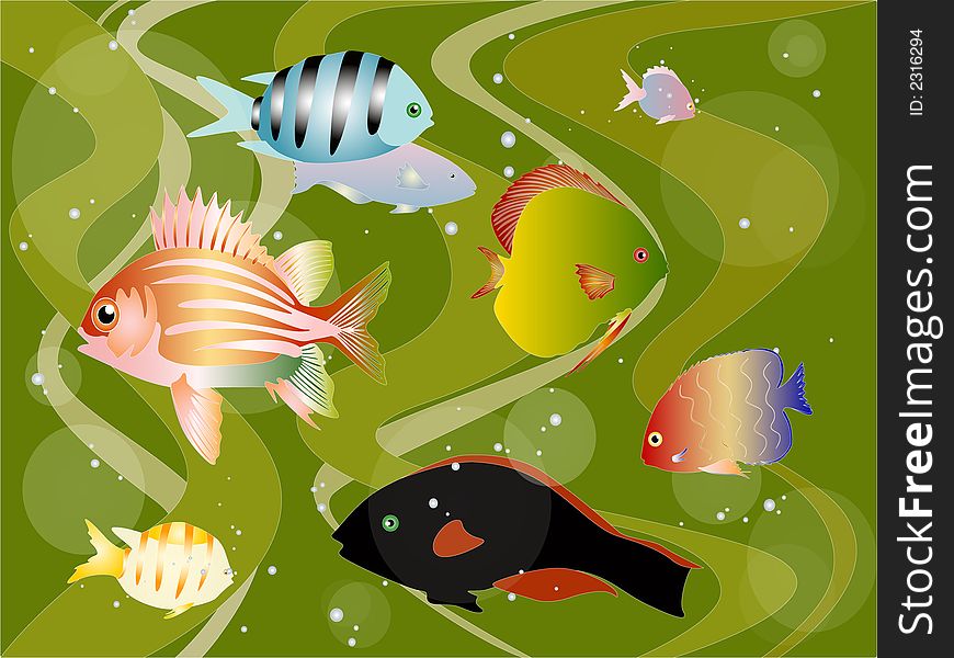 Illustration with eight colorful fishes
