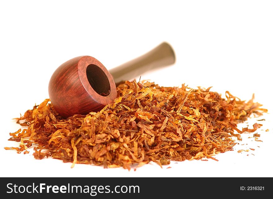 Tobacco-pipe, tobacco, white background. Tobacco-pipe, tobacco, white background