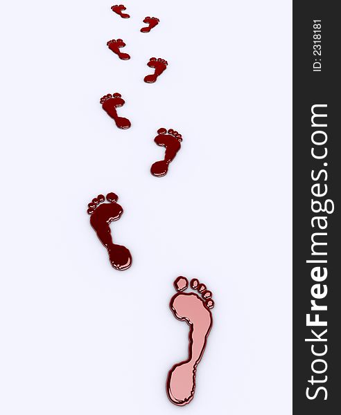 Conceptual red footprints on white background - dye look  - rd render