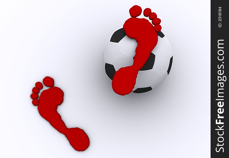 Conceptual red footprint on soccer ball -3d render. Conceptual red footprint on soccer ball -3d render