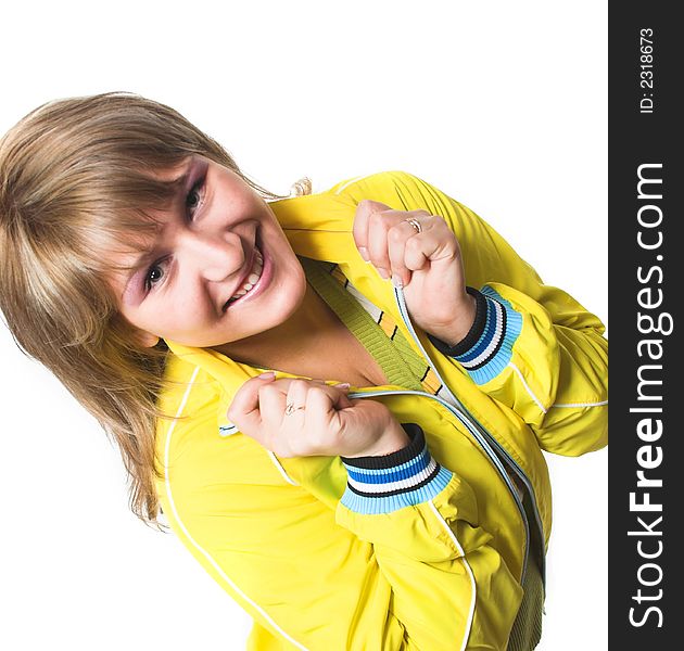 Cheerful young sportive woman over a white background