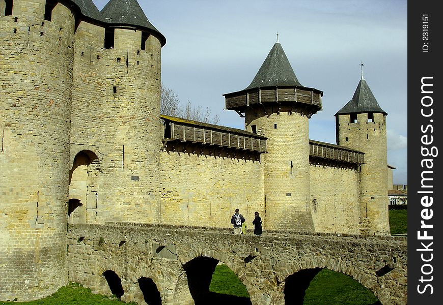 The bridge that leads to the chateau of Carcassone in southern France.