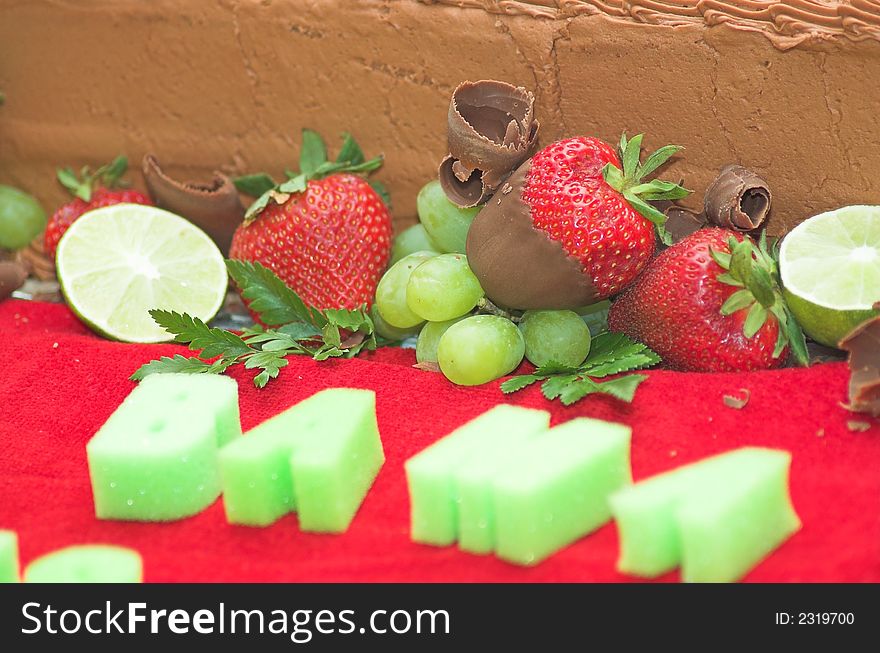 This is a photo of a decorated chocolate cake.