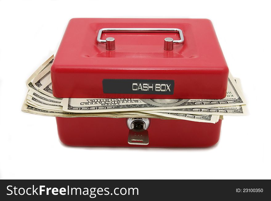 Dollars in Cash in a small safe on a white background. Dollars in Cash in a small safe on a white background