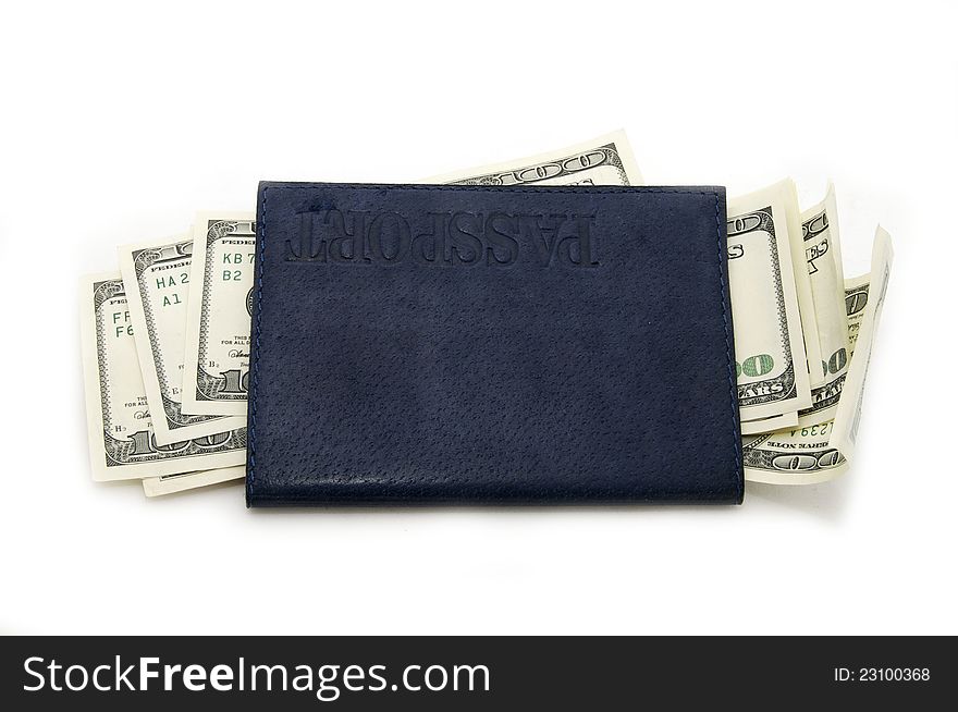 Many dollars are in the passport on white background. Many dollars are in the passport on white background