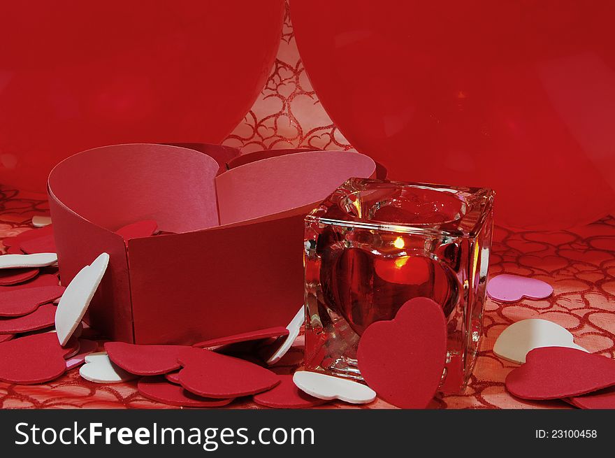 Background for Valentines day with red and white hearts, candles and balloons. Background for Valentines day with red and white hearts, candles and balloons