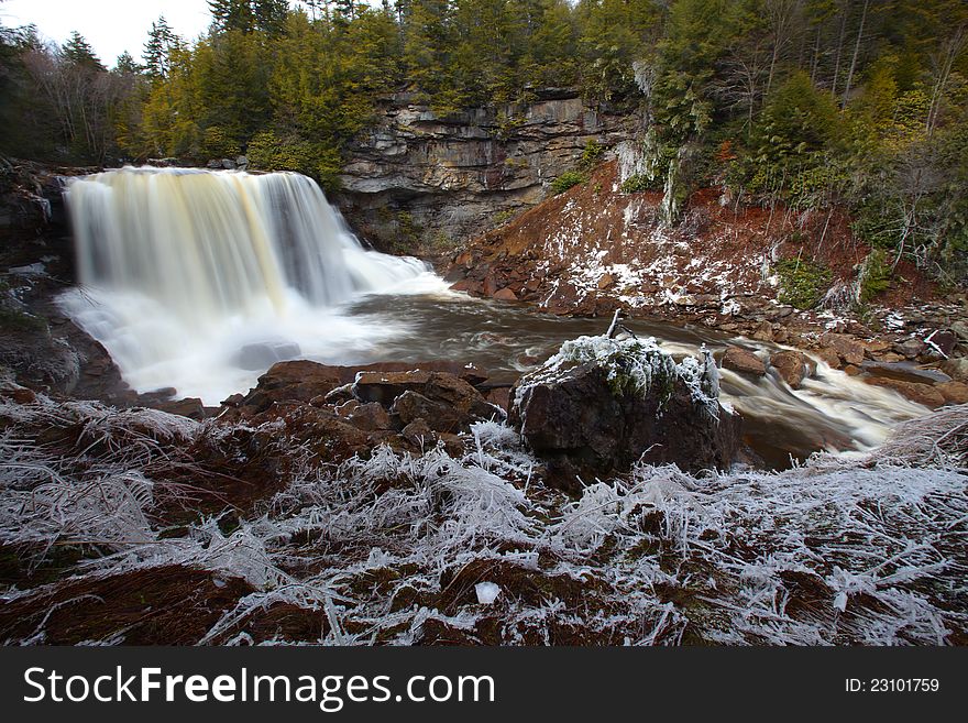 Waterfalls in the mountains in winter