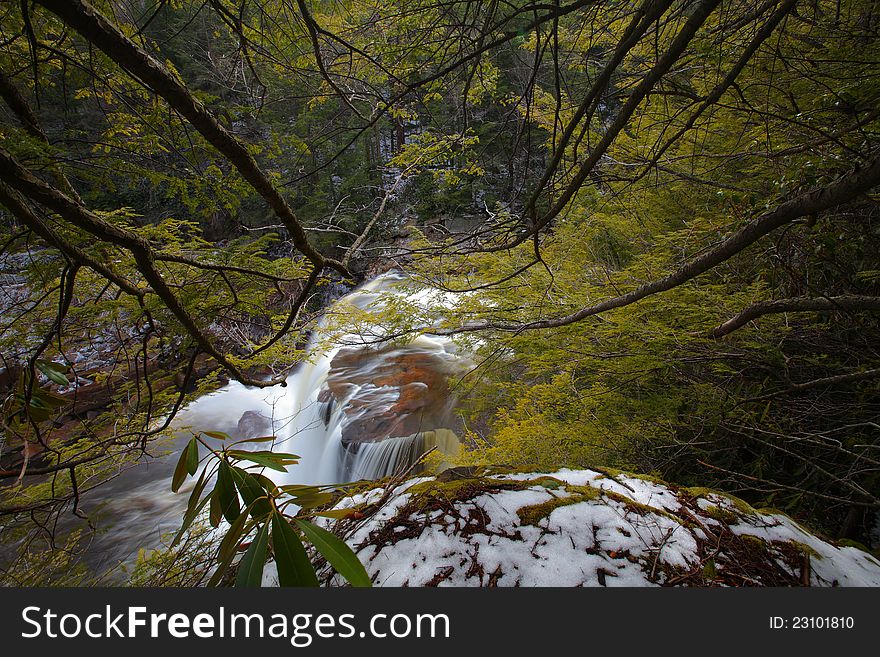 Waterfalls in the mountains in winter with silky flow