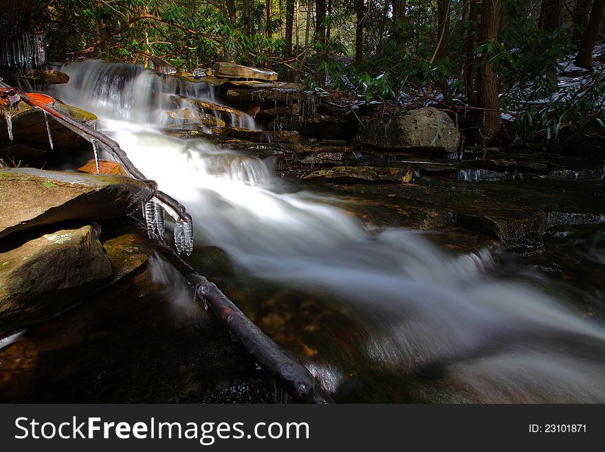 Waterfalls In The Mountains In Winter