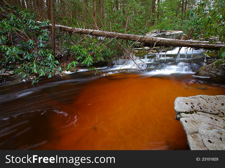 Natural Tannin Colored Stream In The Mountains