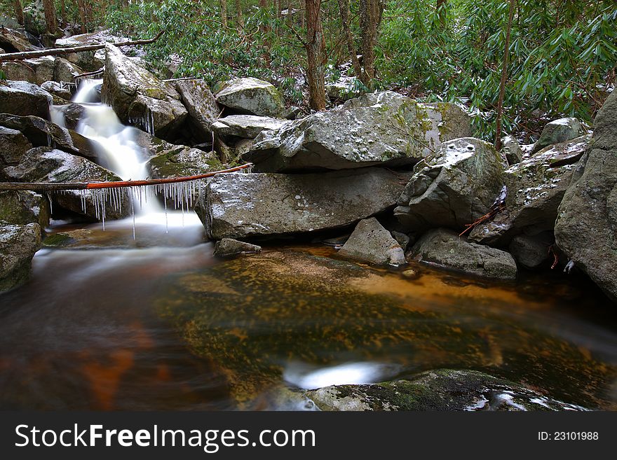 Waterfalls in the mountains in winter with silky flow