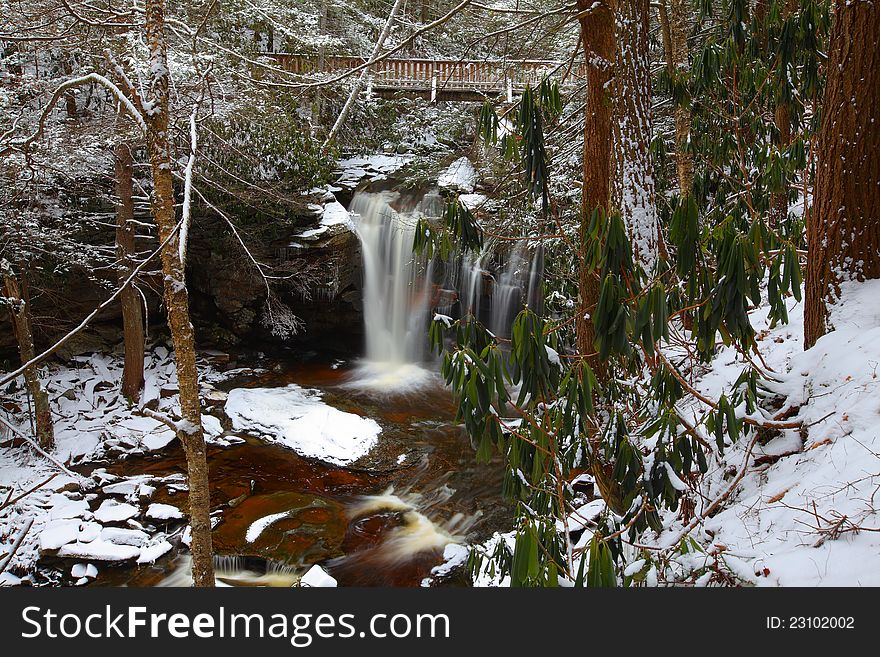 Waterfalls in the mountains in winter with silky flow