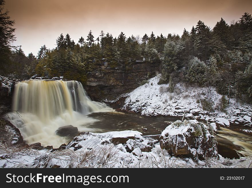 Waterfalls in the mountains in winter