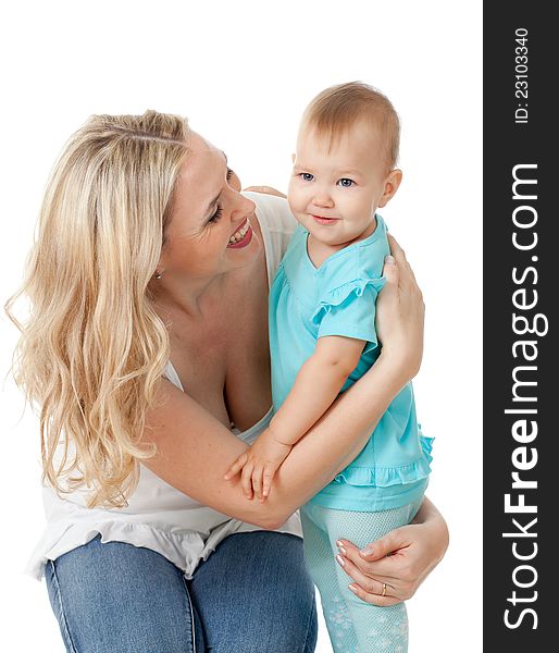 Portrait of loving mother and her child on white background