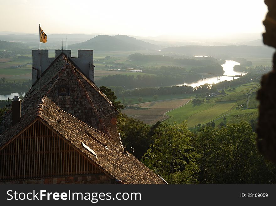The river High Rhine flows in the vicinity of Stein am Rhein to the west. The picturesque environs are photographed from the medieval castle. The river High Rhine flows in the vicinity of Stein am Rhein to the west. The picturesque environs are photographed from the medieval castle.