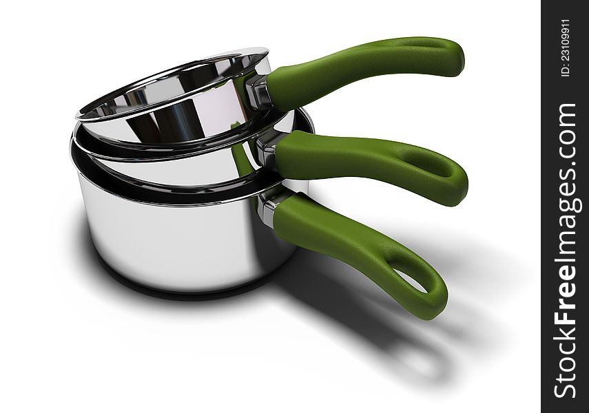 Three saucepans in a pile with green handle