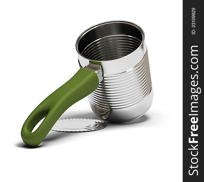 One food tin and green handle over white background. One food tin and green handle over white background