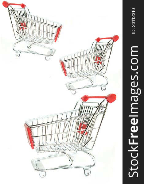 Empty shopping trolley on white background