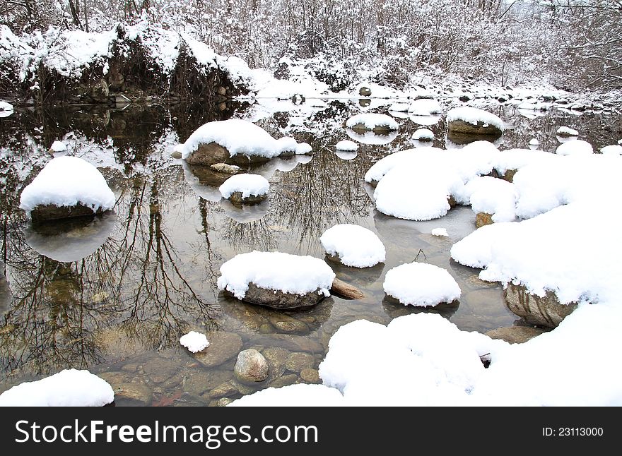 Stream in winter covered by snow , with detailed reflection . Stream in winter covered by snow , with detailed reflection .