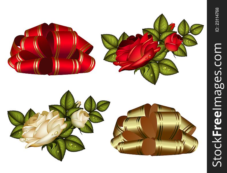 Set of red and gold bows and roses. Set of red and gold bows and roses