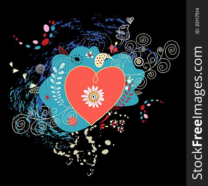 Bright greeting card with Valentine's Day with heart and floral pattern on a black background. Bright greeting card with Valentine's Day with heart and floral pattern on a black background