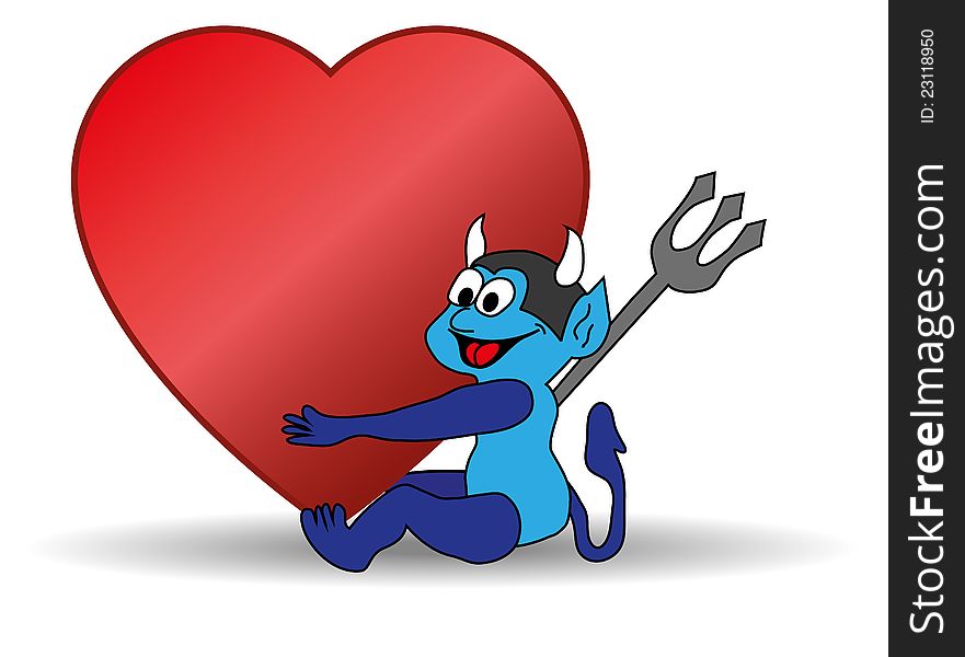 Small blue devil holding a big Valentine heart