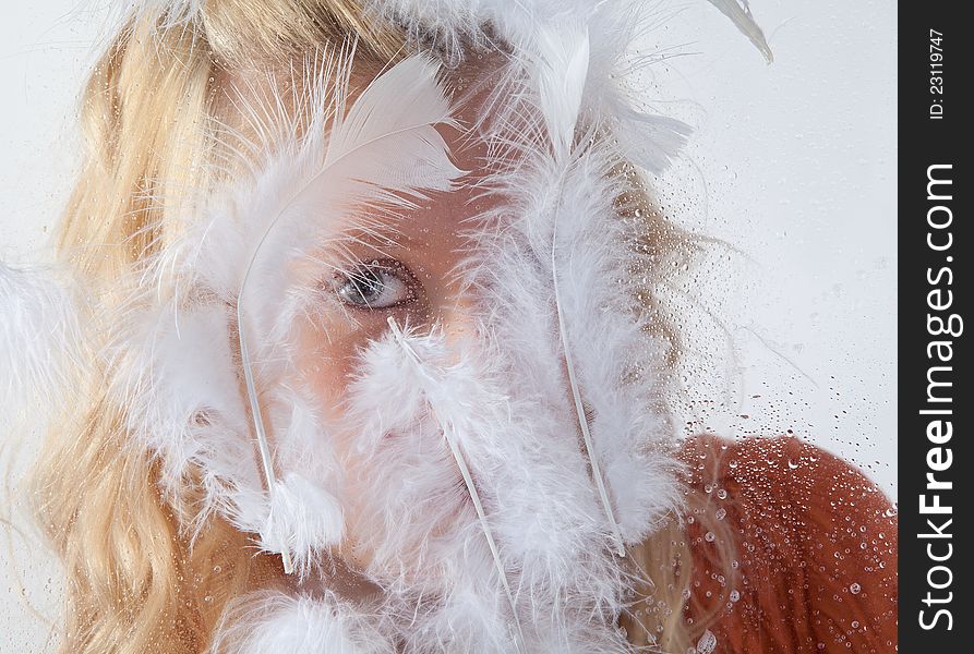 Blue Eye of Teen Through White Feathers