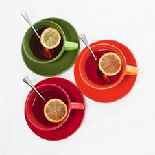 Three Colored Tea Cups Royalty Free Stock Photography Three Colored Tea Cups Royalty Free Stock Photography