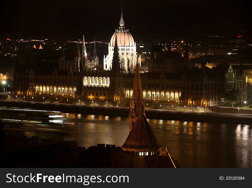 Parliament building at night in Budapest, Hungary