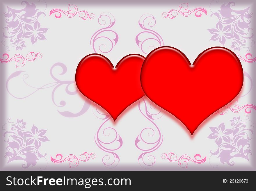 Two red hearts on floral background valentine card illustration. Two red hearts on floral background valentine card illustration