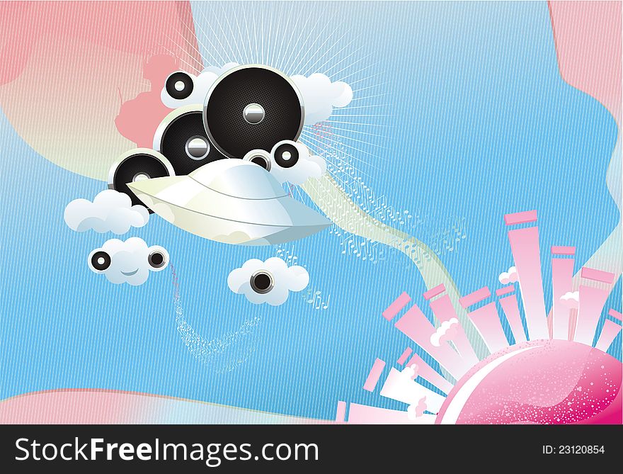 Abstract music background ufo equalizer speaker clouds notes silhouette