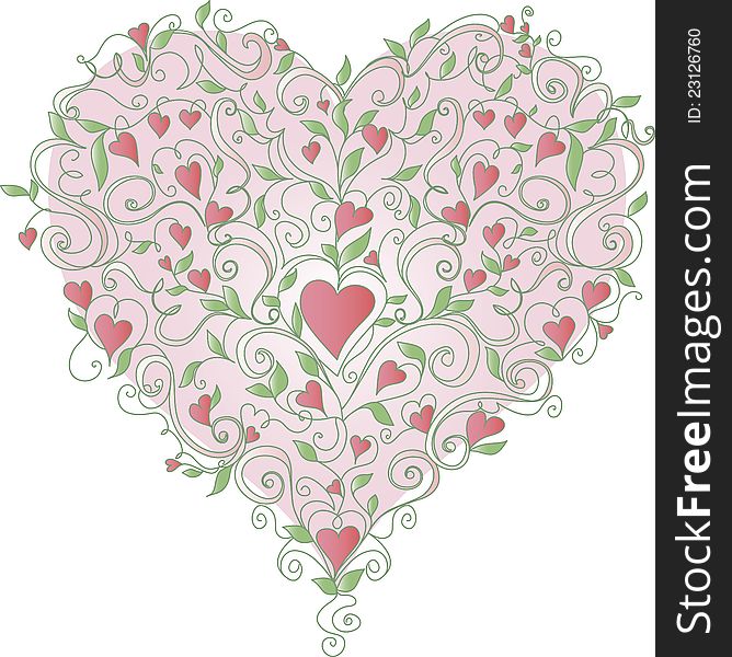 Pink heart with floral ornaments on white background. vector illustration. Pink heart with floral ornaments on white background. vector illustration