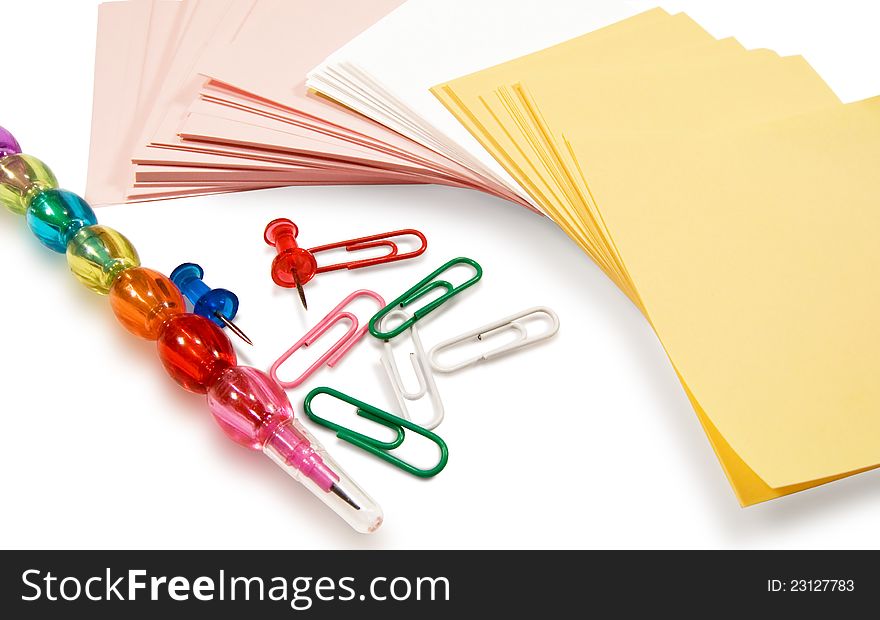 Stickers, a pencil and paper clips on white background. Stickers, a pencil and paper clips on white background