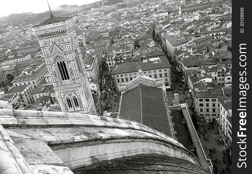 Panorama view of the Giottos bell tower and the city of Florence from the top of the Brunelleschis dome. Panorama view of the Giottos bell tower and the city of Florence from the top of the Brunelleschis dome