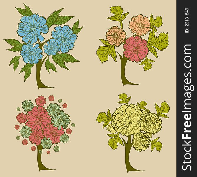 Vector set of designs with decorative tree from leafs and flowers. Vector set of designs with decorative tree from leafs and flowers