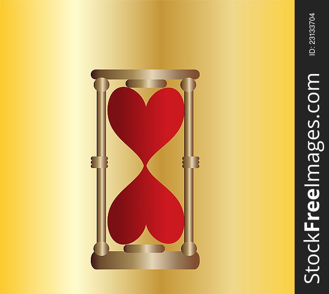 Hourglasses gold with red hearts against background of gold background