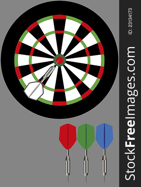 Dart board and darts colored on a gray background
