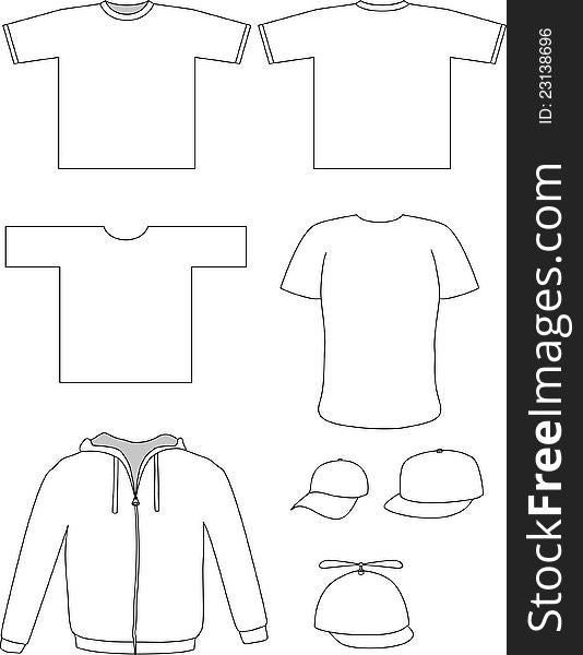 Set of 7 blank clothes - 3 t-shirts (one with front and back), a hoodie and 3 caps - baseball, hip hop and geek cap.