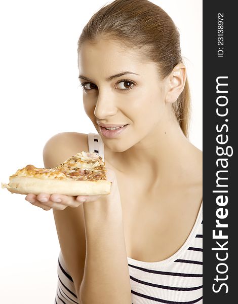 Young beautiful brunette woman eat pizza isolated on white background. Young beautiful brunette woman eat pizza isolated on white background