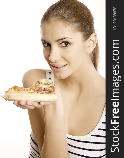 Young beautiful woman eat pizza