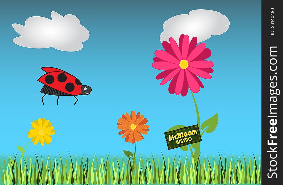 Flying ladybeetle to the bistro on a meadow. Flying ladybeetle to the bistro on a meadow