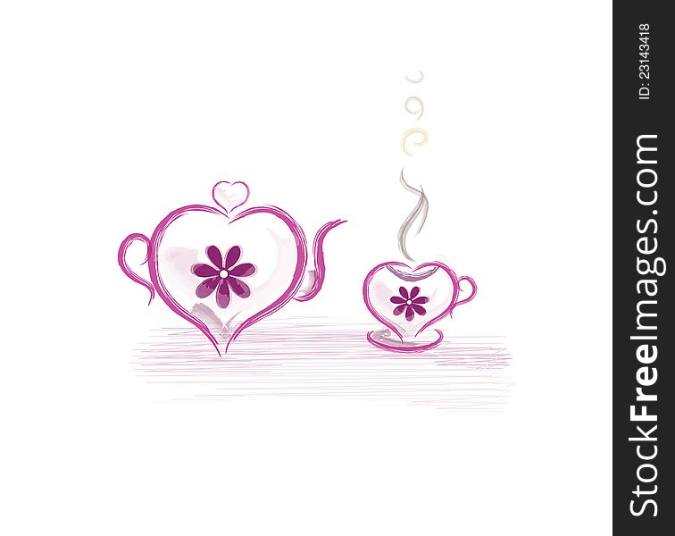 Teapot and cup with hot tea on a white background. Teapot and cup with hot tea on a white background