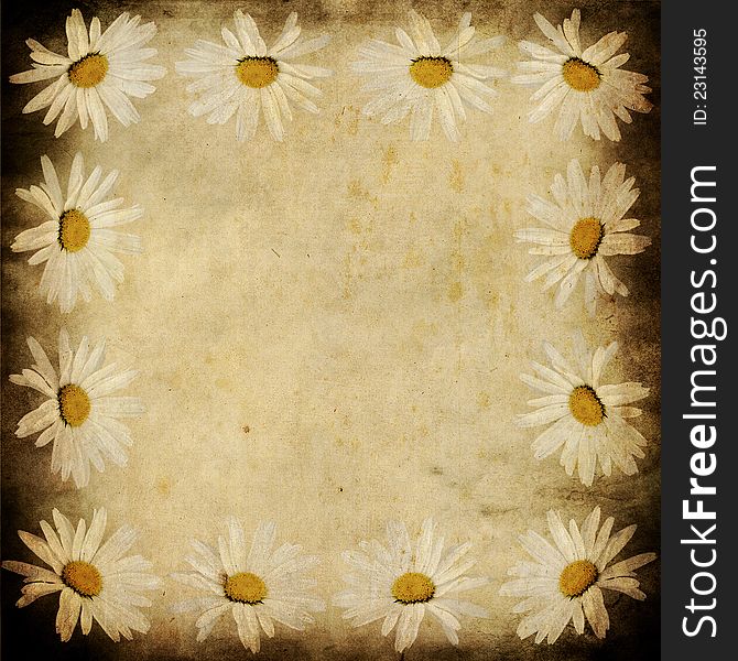 Grunge camomile frame. Old postcard, design in grunge and retro style.