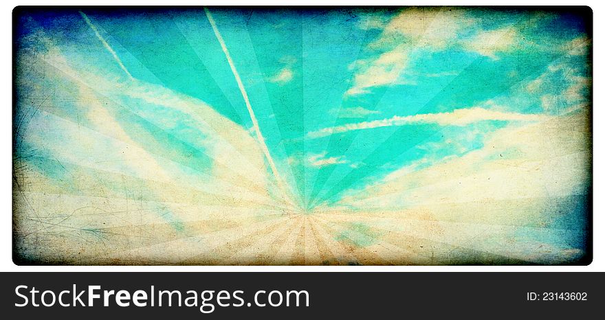 Grunge landscape with clouds on old vintage paper