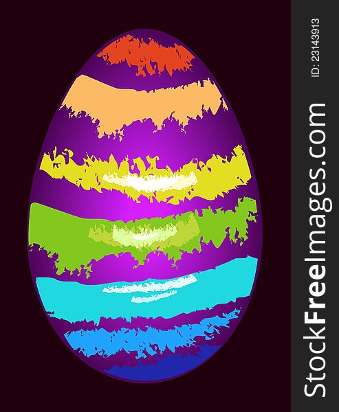 Coloured egg with strakes on a dark background.