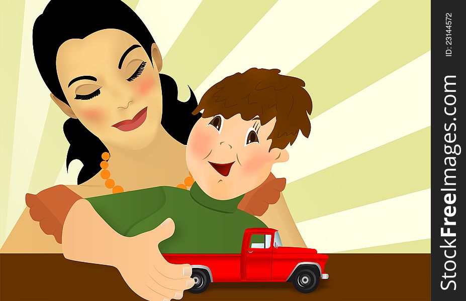 Mother looking at her son playing with a truck toy, vector format. Mother looking at her son playing with a truck toy, vector format