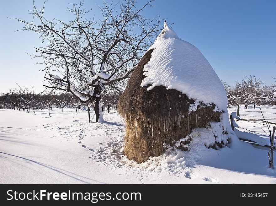 Winter haystack in Carphatian mountains, Romanian