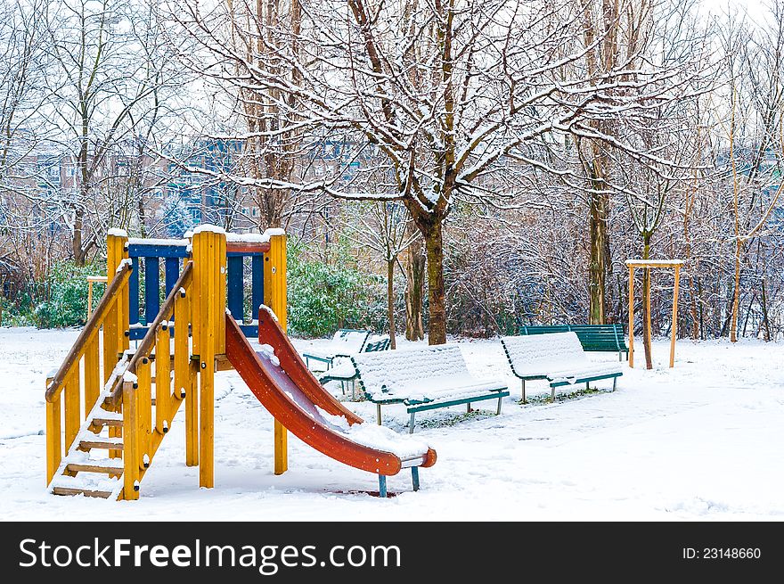 Outdoor playground on a snowy day